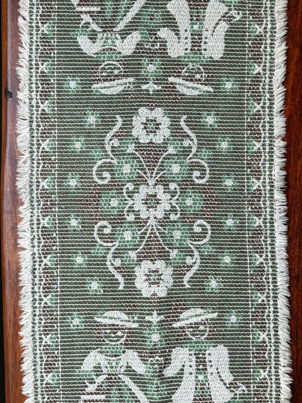 Vintage Austrian Alpine Folk Art Table Runner Cotton Linen 12x29 Green Fringe - Picture 2 of 6